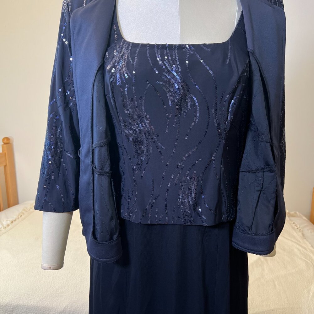 NWT ALEX EVENINGS Navy Blue Sequined A-ine Midi Petite Dress & Jacket - Size 12P - Picture 5 of 14